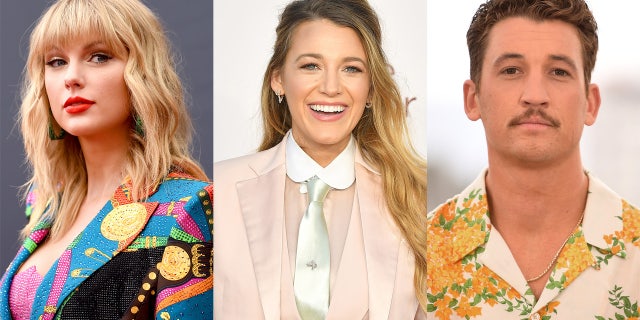 テイラースウィフト (左) and Blake Lively (センター) shows support for their ‘I Bet You Think About Me’ collaborator Miles Teller (正しい) after fans questioned his vaccination status.