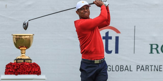 Tiger Woods of the United States Team plays his tee shot on the first hole in his match against Abraham Ancer during the final day singles matches in the 2019 Presidents Cup at Royal Melbourne Golf Club on Dec. 15, 2019 in Melbourne, Australia.
