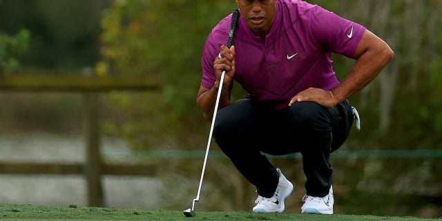 Tiger Woods lines up a putt during the PNC Championship at the Ritz Carlton Golf Club on Dec. 19, 2020, in Orlando, Florida.