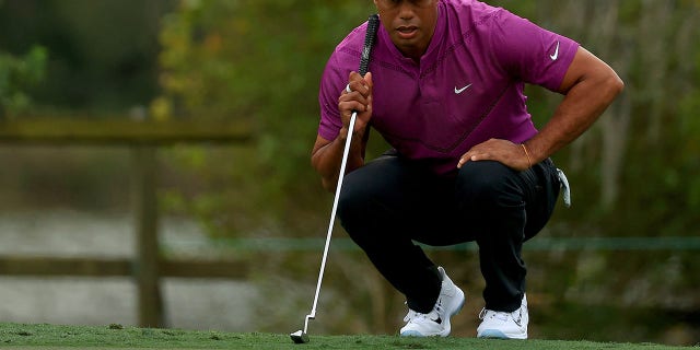 Tiger Woods lines up a putt during the PNC Championship at the Ritz Carlton Golf Club on Dec. 19, 2020, in Orlando, Florida. 