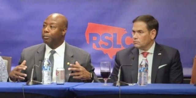 Sens. Tim Scott of South Carolina and Marco Rubio of Florida team up in October 2021 at a Republican State Leadership Committee event to help the GOP recruit more diverse and female candidates at the state legislative level.