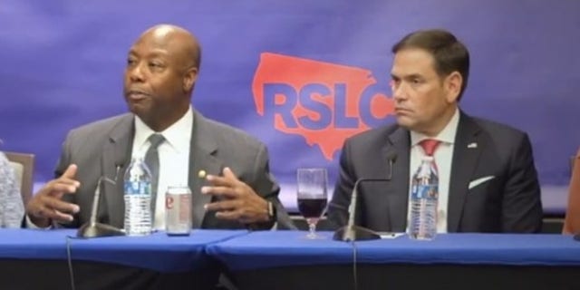 Sens. Tim Scott of South Carolina and Marco Rubio of Florida team up in October 2021 at a Republican State Leadership Committee event to help the GOP recruit more diverse and female candidates at the state legislative level.