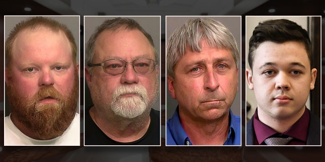 This combo of booking photos provided by the Glynn County, Ga., Detention Center, shows from left, Travis McMichael, his father Gregory McMichael, and William "Roddie" Bryan Jr. The Justice Department announced federal hate crime charges against the three men last month in the death of Ahmaud Arbery, a Georgia man who was killed while out for a run last year. They pleaded not guilty Tuesday. (Glynn County Detention Center via AP) ____ Kyle Rittenhouse walks during his trial at the Kenosha County Courthouse in Kenosha, Wisconsin, U.S., November 19, 2021. Sean Krajacic/Pool via REUTERS