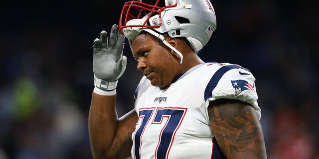 Trent Brown of the New England Patriots on the field prior to the start of the game against the Detroit Lions at Ford Field on Sept. 23, 2018, a Detroit, Michigan.