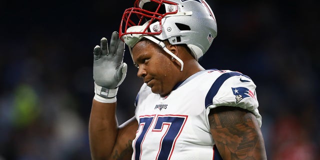 Trent Brown of the New England Patriots on the field prior to the start of the game against the Detroit Lions at Ford Field on Sept. 23, 2018, a Detroit, Michigan.
