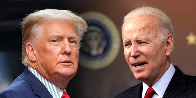 Former President Donald Trump, left, and President Biden would both have to take "mental competency tests" under Haley's proposed rule.