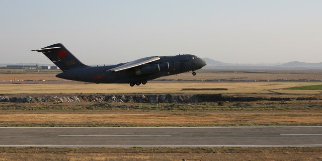 A Y-20 large transport aircraft of the Chinese People's Liberation Army PLA air force. (Photo by Xu Yi/Xinhua via Getty Images)