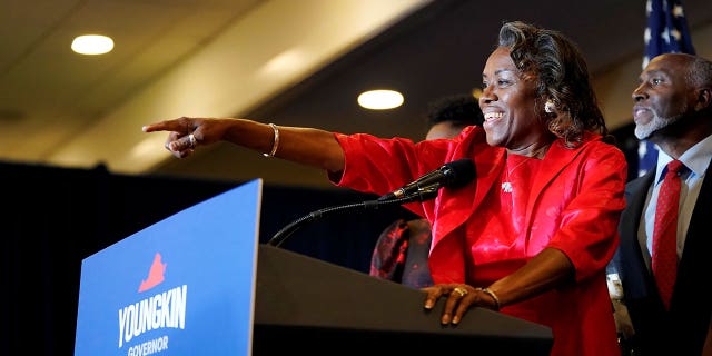 Former Republican Representative Winsom Sears Virginia's Lt. Governor celebrates winning the race as she introduces Republican candidate for Governor Glenn Youngkin during an election night party in Chantilly, Virginia, U.S., November 3, 2021.