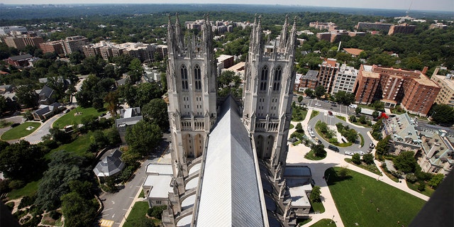 FILE PHOTO: The west facade of Washington's National Cathedral is photographed from the damaged main tower after an earthquake on August 24, 2011. 