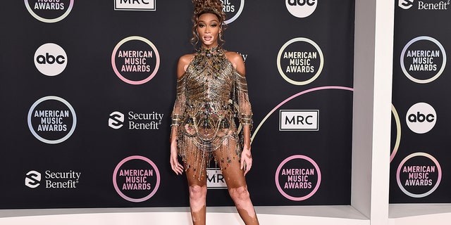 Winnie Harlow arrives at the American Music Awards on Sunday, Nov. 21, 2021, at Microsoft Theater in Los Angeles.
