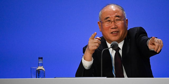 China's special climate envoy, Xie Zhenhua speaks during a joint China and US statement on a declaration enhancing climate action in the 2020's on day eleven of the COP26 climate change conference at the SEC on November 10, 2021 in Glasgow, Scotland. (Photo by Jeff J Mitchell/Getty Images)