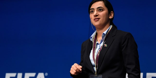 Khalida Popal, former captain of the Afghan women's national football team, speaks during the FIFA Annual Conference for Equality & Inclusion at the Home of FIFA in March 2017 in Zurich, Switzerland.