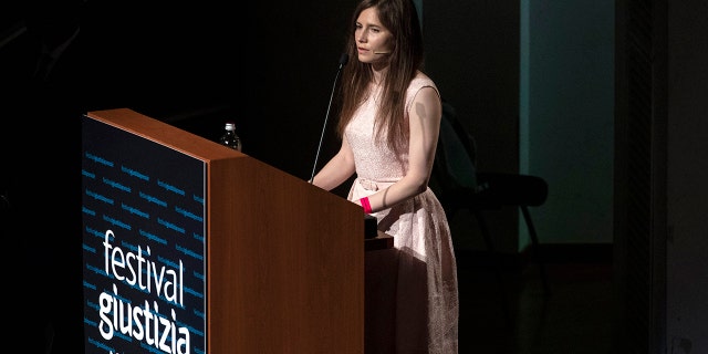 American journalist Amanda Knox delivers a speech during a panel session entitled "Trial by Media" during the first edition of the Criminal Justice Festival, an event organized by The Italy Innocence Project and the local association of barristers, on June 15, 2019, in Modena, Italy. Recently, the man found guilty of killing Knox's roommate was freed.