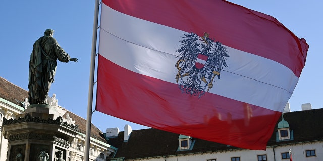 VIENNA, AUSTRIA - OCTOBER 25: The flag of Austria is on display ahead the meeting between King Abdullah of Jordan and Austrian President Alexander van der Bellen at Hofburg palace on October 25, 2021 in Vienna, Austria.