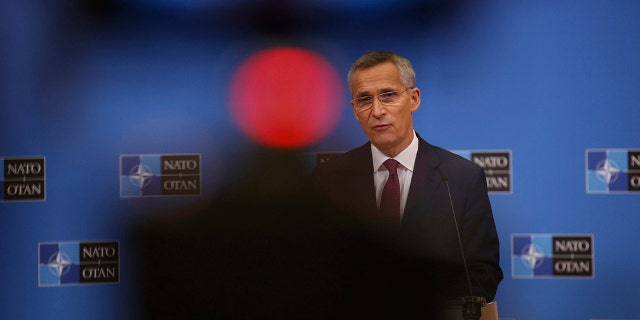NATO Secretary General Jens Stoltenberg speaks to the press ahead of a meeting of NATO Ministers of Foreign Affairs Nov. 30-Dec.1, at the NATO headquarters, in Brussels, Belgium on Friday, Nov. 26, 2021.