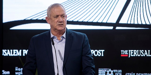 Israeli Minister of Defense Benny Gantz speaks at Jerusalem Post's annual conference on October 12, 2021 in Jerusalem, Israel.