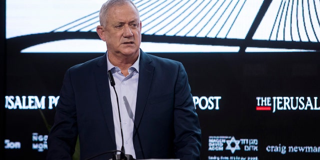 Israeli Minister of Defense Benny Gantz speaks at Jerusalem Post's annual conference on October 12, 2021 in Jerusalem, Israel.