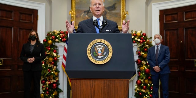 President Joe Biden speaks about the COVID-19 variant named omicron, in the Roosevelt Room of the White House on Monday.