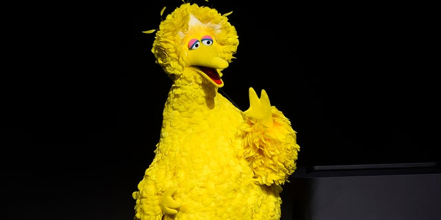 An actor dressed as Sesame Street character Big Bird speaks during an Apple Inc. event at the Steve Jobs Theater in Cupertino, California, in 2019. 