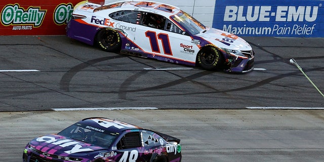 Bowman made contact with Denny Hamlin's #11 car, causing it to spin into the wall.
