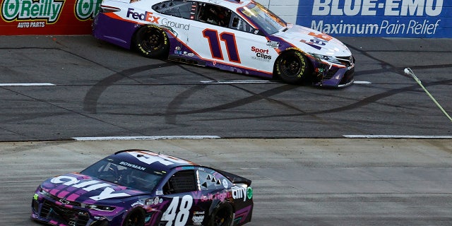 Bowman made contact with Denny Hamlin's #11 car, causing it to spin into the wall.