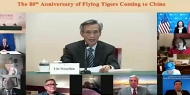 In this screenshot taken on Nov. 16, 2021 and released by Chinese People's Association of Friendship with Foreign Countries, Zheng Jianbang, Vice Chairperson of the National Committee of the Chinese People's Political Consultative Conference speaks during a video conference call on the 80th anniversary of Flying Tigers Coming to China event in Beijing, China.