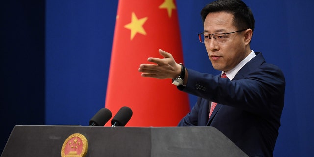 Chinese Foreign Ministry spokesman Zhao Lijian takes a question at the daily media briefing in Beijing on April 8, 2020.