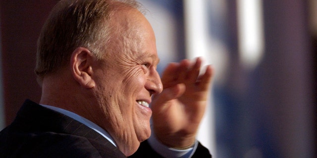 Former Sen. Max Cleland, D-Ga., is shown during the Democratic National Convention in July 2004 at the Fleet Center in Boston, Mass. Cleland, who lost three limbs to a Vietnam War hand grenade blast but went on to serve as a senator from Georgia, died on Nov. 9, 2021. He was 79. 