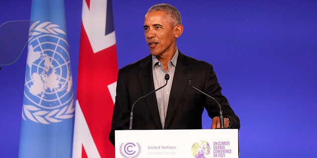 Former President Barack Obama speaks during the COP26 U.N. Climate Summit in Glasgow, Scotland, on Nov. 8, 2021.