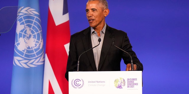 Former President Barack Obama speaks during the COP26 U.N. Climate Summit in Glasgow, Scotland on Monday.