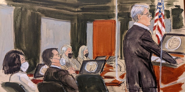In this courtroom sketch, Lead Maxwell defense attorney Bobbi Sternheim gives an opening statement while Ghislaine Maxwell, far left, listens, Monday, Nov. 29, 2021, in New York. 