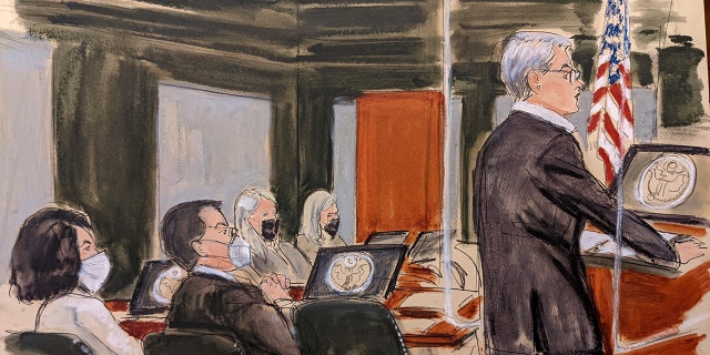 In this courtroom sketch, Lead Maxwell defense attorney Bobbi Sternheim gives an opening statement while Ghislaine Maxwell, far left, listens, Monday, Nov. 29, 2021, in New York. 