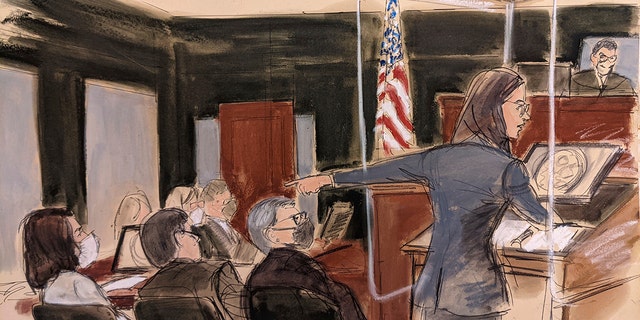 In this courtroom sketch, assistant U.S. Attorney Lara E. Pomerantz gives her opening statement while pointing to Ghislaine Maxwell, seated far left, Monday, Nov. 29, 2021, in New York. 