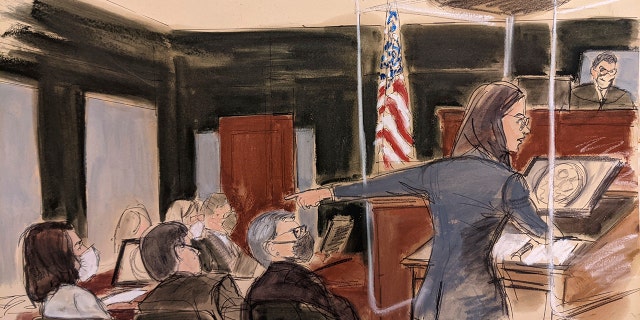 In this courtroom sketch, assistant U.S. Attorney Lara E. Pomerantz gives her opening statement while pointing to Ghislaine Maxwell, seated far left, Monday, Nov. 29, 2021, in New York. 