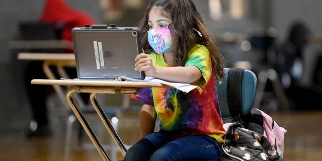 Christina Pagan, 7, does her school work using an iPad and a pencil with a workbook.