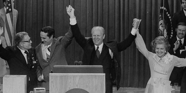President Gerald Ford, first lady Betty Ford, Vice President Nelson Rockefeller, and vice presidential candidate Bob Dole celebrate at the Republican National Convention, Kansas City, Missouri, August 1976. REUTERS/John T. Bledsoe/U.S. News &amp; World Report Magazine Photograph Collection/Library of Congress/Handout