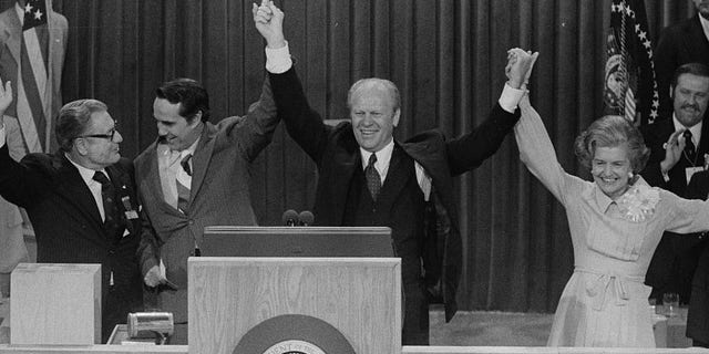 President Gerald Ford, first lady Betty Ford, Vice President Nelson Rockefeller, and vice presidential candidate Bob Dole celebrate at the Republican National Convention, Kansas City, Missouri, August 1976. REUTERS/John T. Bledsoe/U.S. News & World Report Magazine Photograph Collection/Library of Congress/Handout