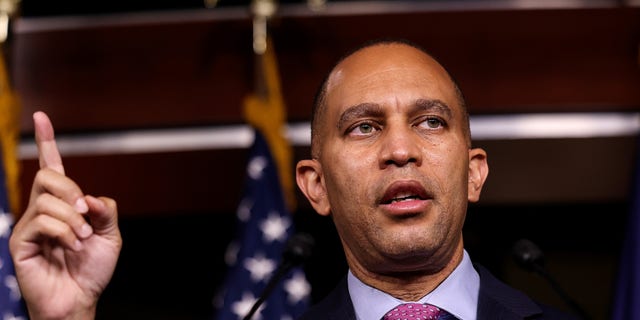 Rep. Hakeem Jeffries speaks to reporters following a House Democratic Caucus meeting at the U.S. Capitol on Nov. 2, 2021. (Reuters/Evelyn Hockstein)