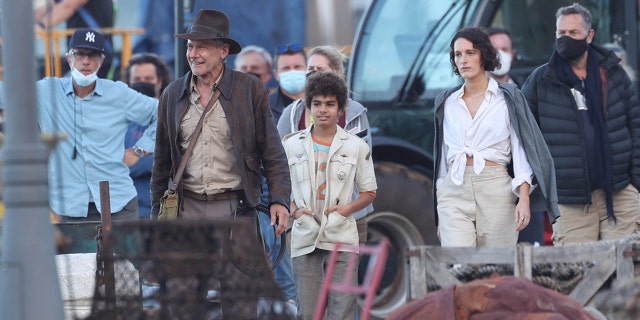Harrison Ford, Phoebe Waller-Bridge are seen on the set of "Indiana Jones 5" in Sicily on October 18, 2021 in Castellammare del Golfo, Italy.