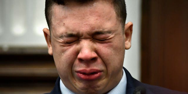 Kyle Rittenhouse breaks down on the stand as he testifies about his encounter with the late Joseph Rosenbaum during his trial at the Kenosha County Courthouse in Kenosha, Wis., on Wednesday, Nov. 10, 2021. (Sean Krajacic/The Kenosha News via AP, Pool)