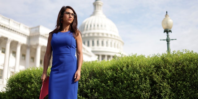 Rep. Lauren Boebert, R-Colo., waits for the beginning of a news conference in front of the U.S. Capitol July 1, 2021 in Washington, D.C.