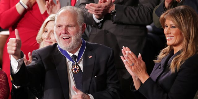 Rush Limbaugh reacts as he is awarded the Presidential Medal of Freedom by first lady Melania Trump during President Trump's State of the Union address at the Capitol in Washington on Feb. 4, 2020. (REUTERS/Jonathan Ernst/File Photo)