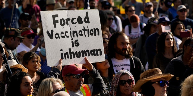 Antifa Members Clash With Vaccine Protesters Outside Gracie Mansion In NYC 3 People Listen To A Speaker At A Rally To Protest The City'S New Vaccine Mandate On Monday, Nov. 8, 2021 In Los Angeles. (Associated Press)