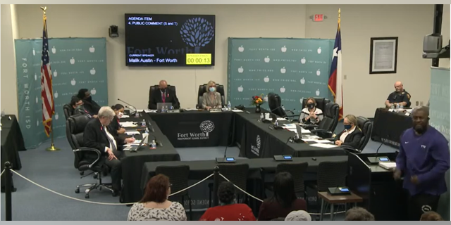 Screenshot of Malikk Austin at a Forth Worth school board meeting