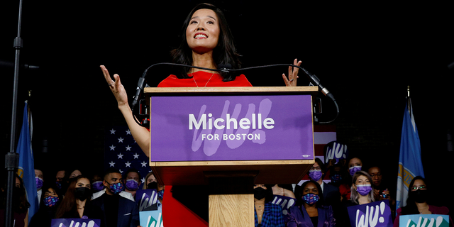 Michelle Wu speaks to supporters after becoming the first woman and first person of color elected mayor in Boston, Massachusetts, on Nov. 2, 2021.