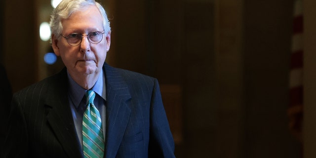 Sen. Minority Leader Mitch McConnell (R-KY) walks to the U.S. Senate chamber at the U.S. Capitol October 7, 2021 in Washington, DC. Recently, the senator slammed the Democrats over inflation.