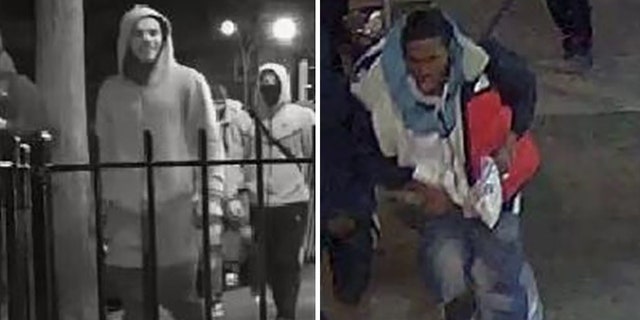 The NYPD released images of the suspects seen brutally attacking a 62-year-old man in Midtown Manhattan early Wednesday. Police said the black-and-white image, left, shows the unidentified males shortly before the incident.