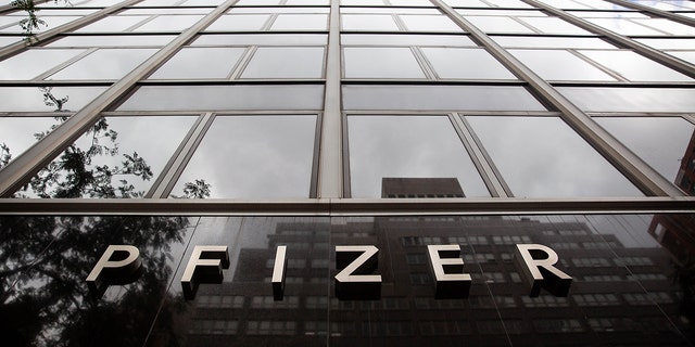 This photo taken on Aug. 23, 2021, shows Pfizer signage at Pfizer's World Headquarters in New York.