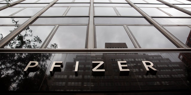 This photo taken on Aug. 23, 2021, shows Pfizer signage at Pfizer's World Headquarters in New York.