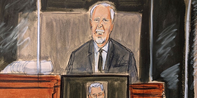 In this courtroom sketch, Lawrence Paul Visoski Jr., who was one of Jeffrey Epstein's pilots, testifies on the witness stand during Ghislaine Maxwell's sex trafficking trial, Monday, Nov. 29, 2021, in New York. 